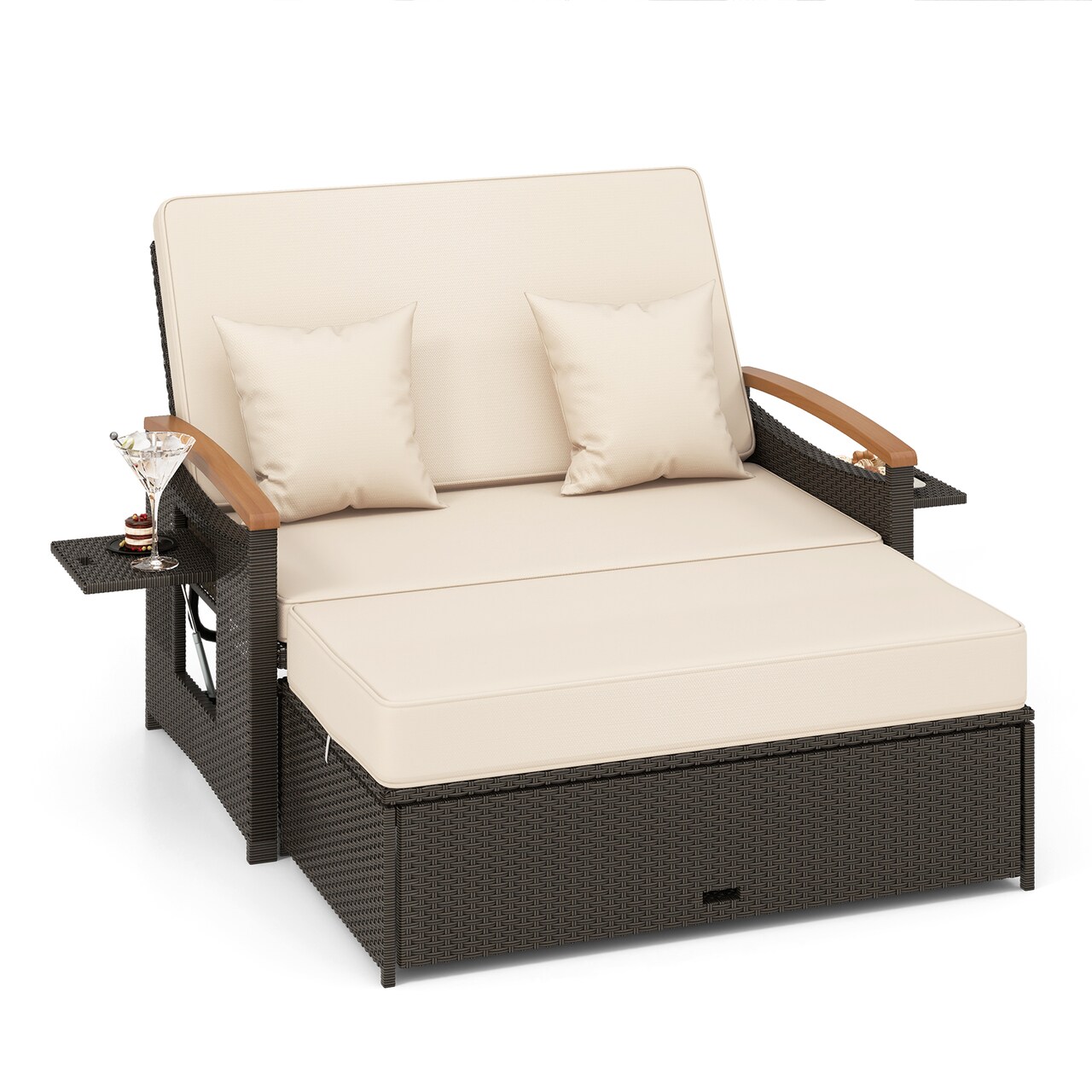 Convertible Patio Rattan Loveseat Daybed Set with Storage Ottoman